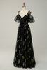 Load image into Gallery viewer, A-Line Cold Shoulder Black Long Prom Dress with Embroidery
