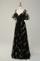 Load image into Gallery viewer, Floral Cold Shoulder Black Long Prom Dress with Embroidery