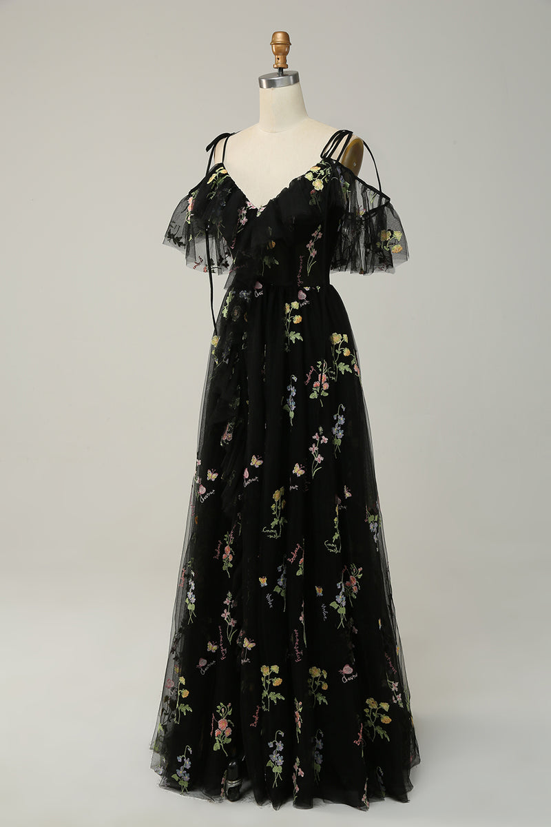Load image into Gallery viewer, A-Line Cold Shoulder Black Long Prom Dress with Embroidery
