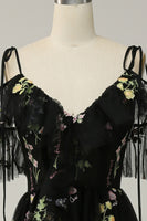 Load image into Gallery viewer, Floral Cold Shoulder Black Long Prom Dress with Embroidery