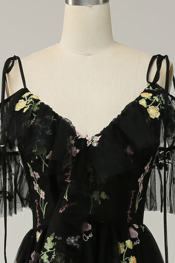 A-Line Cold Shoulder Black Long Prom Dress with Embroidery