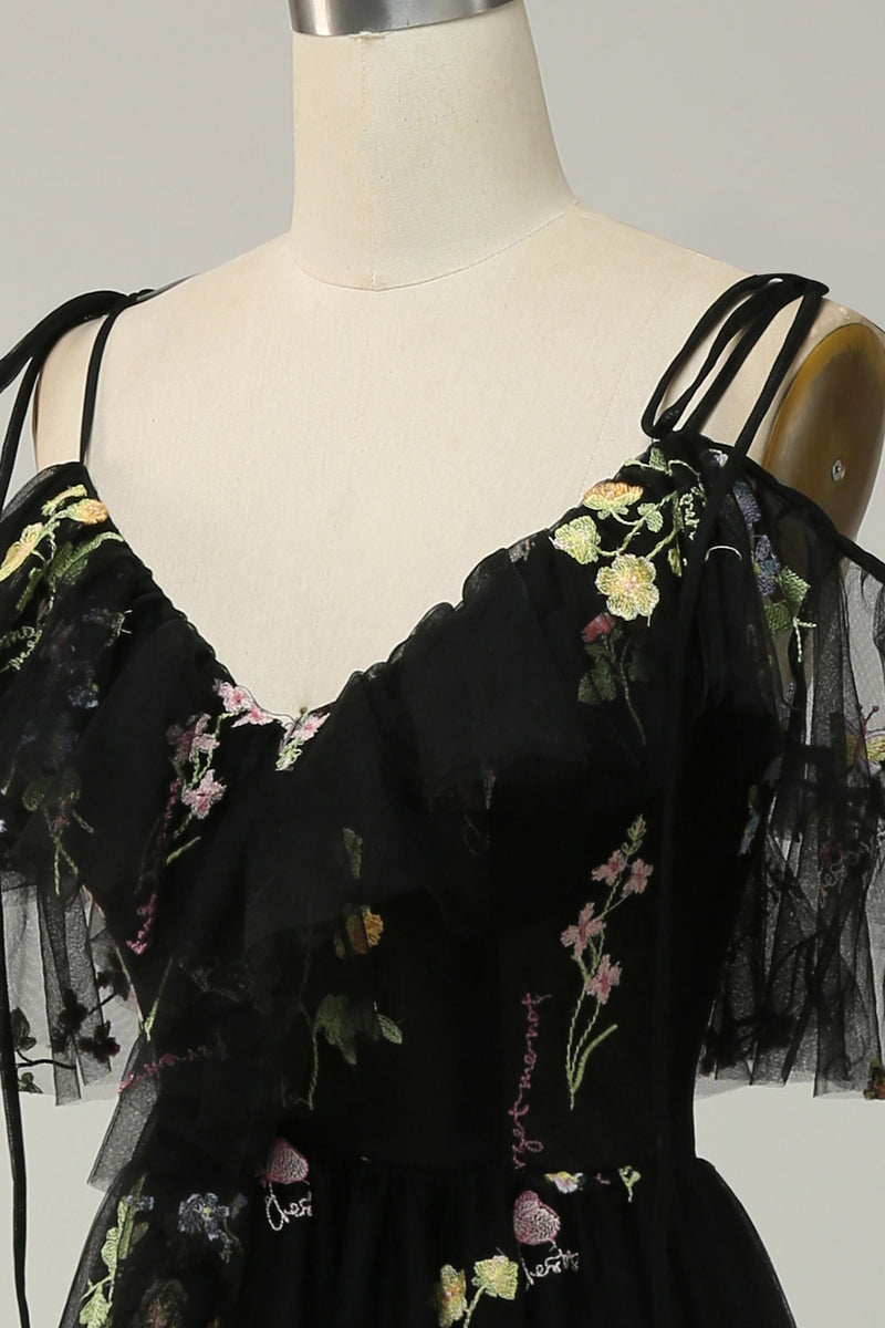 Load image into Gallery viewer, A-Line Cold Shoulder Black Long Prom Dress with Embroidery