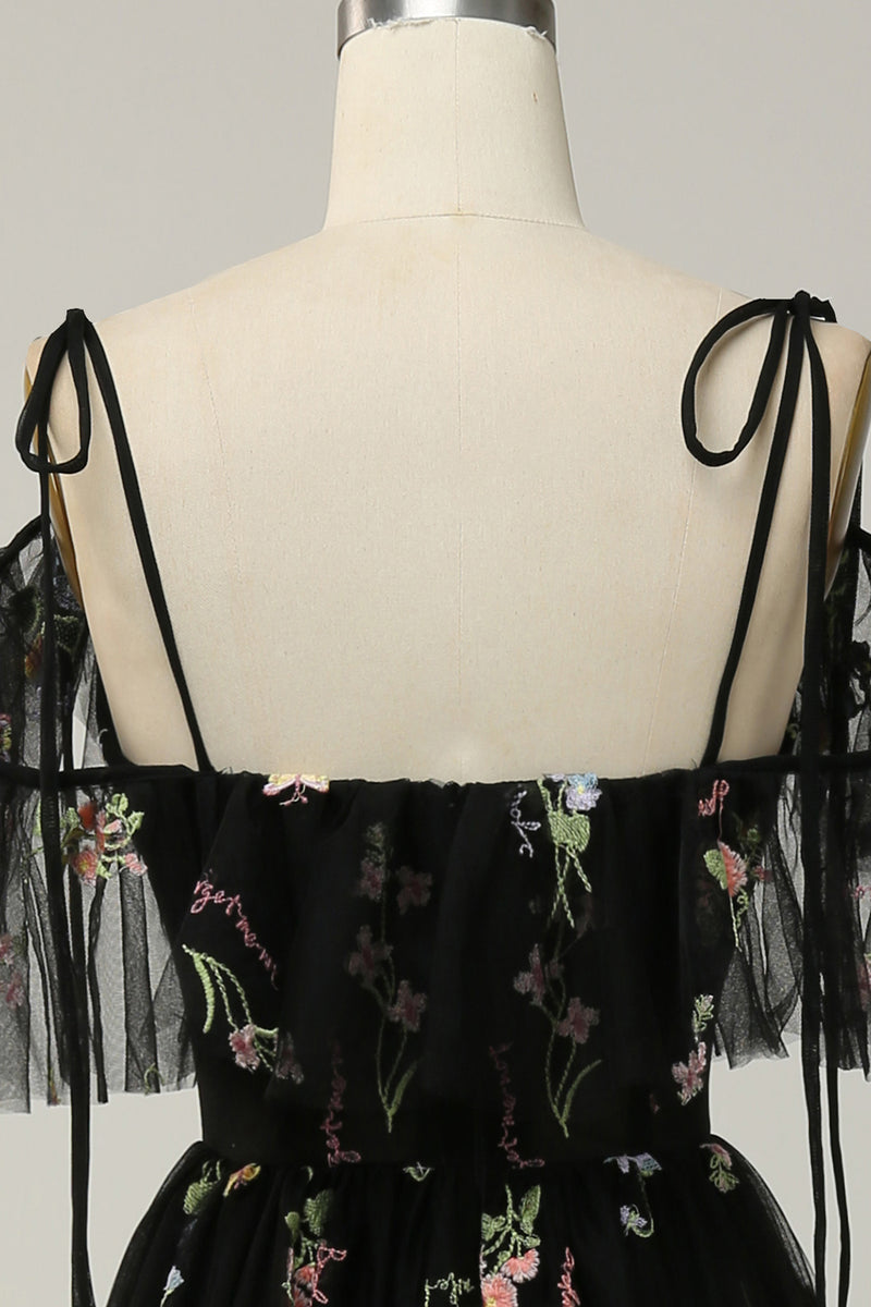 Load image into Gallery viewer, A-Line Cold Shoulder Black Long Prom Dress with Embroidery