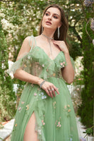 Load image into Gallery viewer, Floral Spaghetti Straps Green Long Prom Dress with Embroidery
