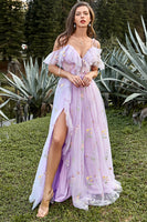 Load image into Gallery viewer, Spaghetti Straps Floral Lavender Long Prom Dress with Embroidery