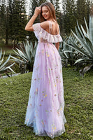Load image into Gallery viewer, Spaghetti Straps Floral Lavender Long Prom Dress with Embroidery