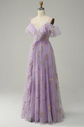 A-Line Spaghetti Straps Lavender Long Prom Dress with Embroidery