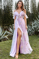 Load image into Gallery viewer, Spaghetti Straps Floral Lavender Long Prom Dress with Embroidery
