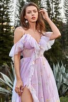 Load image into Gallery viewer, Spaghetti Straps Floral Lavender Long Prom Dress with Embroidery