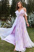 Load image into Gallery viewer, Spaghetti Straps Floral Lavender Long Prom Dress with Embroidery