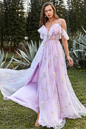 A-Line Spaghetti Straps Lavender Long Prom Dress with Embroidery