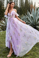 Load image into Gallery viewer, Spaghetti Straps Floral Lavender Long Prom Dress with Embroidery
