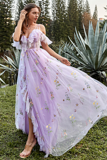 A-Line Spaghetti Straps Lavender Long Prom Dress with Embroidery