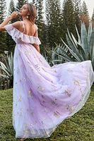 Load image into Gallery viewer, Spaghetti Straps Floral Lavender Long Prom Dress with Embroidery