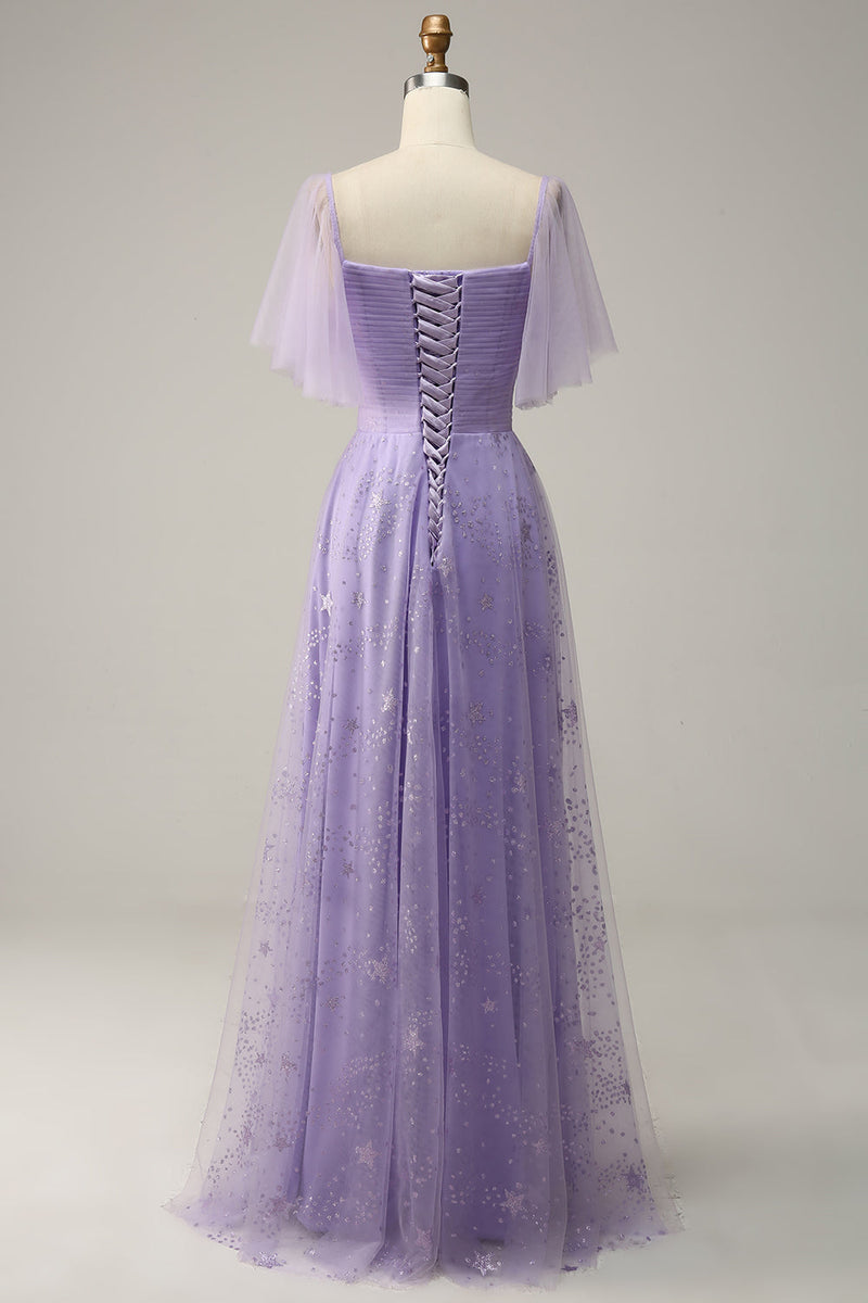 Load image into Gallery viewer, Off Shoulder Lavender Prom Dress with Ruffles