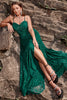 Load image into Gallery viewer, Dark Green Spaghetti Straps Sparkly Long Prom Dress with Slit