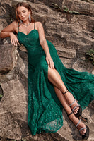 Load image into Gallery viewer, Dark Green Spaghetti Straps Sparkly Long Prom Dress with Slit