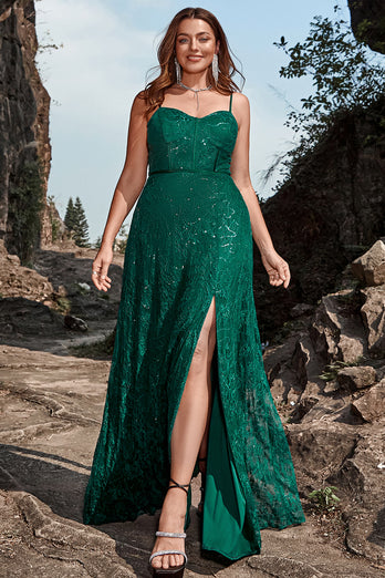 Dark Green Spaghetti Straps Sparkly Long Prom Dress with Slit