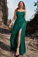 Load image into Gallery viewer, Dark Green Spaghetti Straps Sparkly Long Prom Dress with Slit
