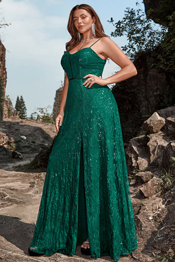 Dark Green Spaghetti Straps Sparkly Long Prom Dress with Slit