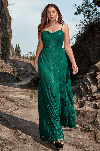 Dark Green Spaghetti Straps Sparkly Long Prom Dress with Slit