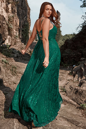 Dark Green Spaghetti Straps Sparkly Long Prom Dress with Slit