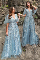 Load image into Gallery viewer, Plus Size Grey Blue Tulle Embroidered Leaves Prom Dress