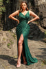 Load image into Gallery viewer, Dark Green Sequined Spaghetti Straps Plus Size Prom Dress with Slit