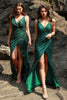 Load image into Gallery viewer, Dark Green Sequined Spaghetti Straps Plus Size Prom Dress with Slit