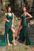 Load image into Gallery viewer, Dark Green Sequined Spaghetti Straps Plus Size Prom Dress with Slit