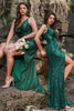 Load image into Gallery viewer, Dark Green Sequined Spaghetti Straps Plus Size Prom Dress with Slit