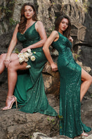 Load image into Gallery viewer, Dark Green Sequined Spaghetti Straps Plus Size Prom Dress with Slit