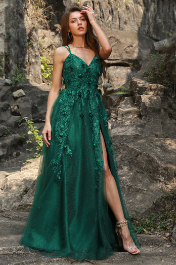 Dark Green A Line Tulle Plus Szie Prom Dress with Slit