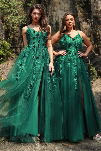 Dark Green A Line Tulle Plus Szie Prom Dress with Slit