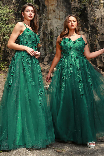 Dark Green A Line Tulle Plus Szie Prom Dress with Slit