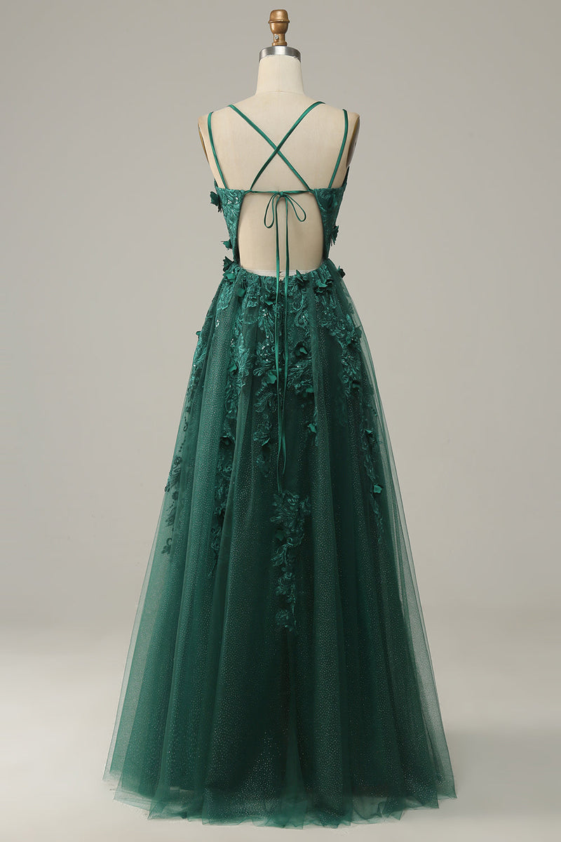 Load image into Gallery viewer, A-Line Tulle Dark Green Long Prom Dress with Slit