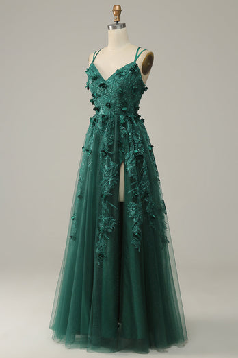 A-Line Tulle Dark Green Long Prom Dress with Slit