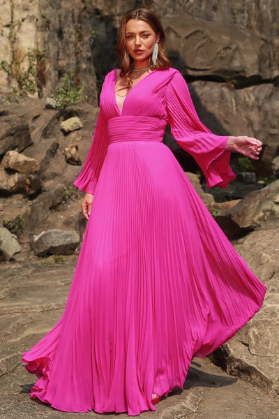 Hot Pink Long Sleeves Plus Size Prom Dress with Ruffles