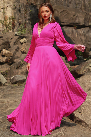 Hot Pink Long Sleeves Plus Size Prom Dress with Ruffles