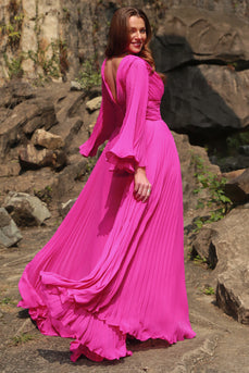 Hot Pink Long Sleeves Plus Size Prom Dress with Ruffles