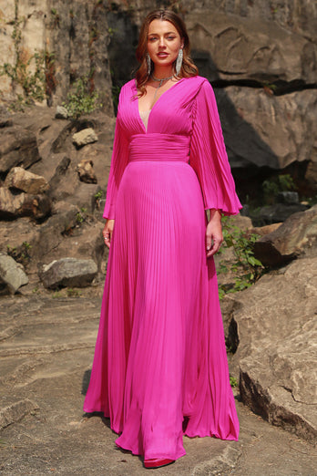 Hot Pink Long Sleeves Plus Size Prom Dress with Ruffles
