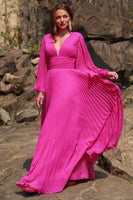 Load image into Gallery viewer, Hot Pink Long Sleeves Plus Size Prom Dress with Ruffles