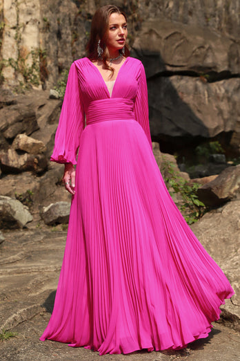 Hot Pink Long Sleeves Plus Size Prom Dress with Ruffles