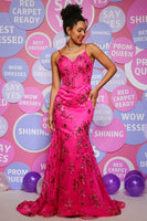 Load image into Gallery viewer, Mermaid Spaghetti Straps Fuchsia Long Sequins Prom Dress