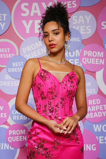 Mermaid Spaghetti Straps Fuchsia Long Sequins Prom Dress
