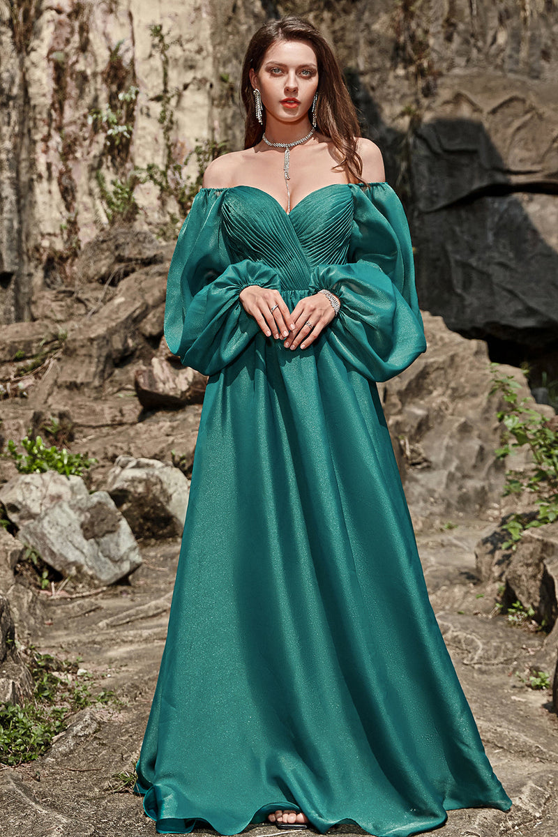 Load image into Gallery viewer, Navy Off Shoulder Long Sleeves Prom Dress with Ruffles