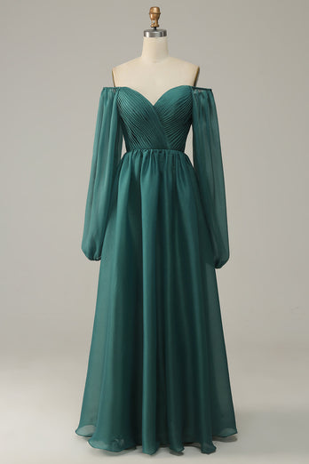 Navy Off Shoulder Long Sleeves Prom Dress with Ruffles