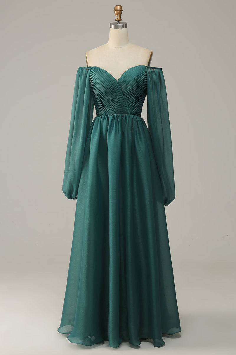 Load image into Gallery viewer, Navy Off Shoulder Long Sleeves Prom Dress with Ruffles