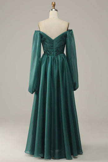 Navy Off Shoulder Long Sleeves Prom Dress with Ruffles