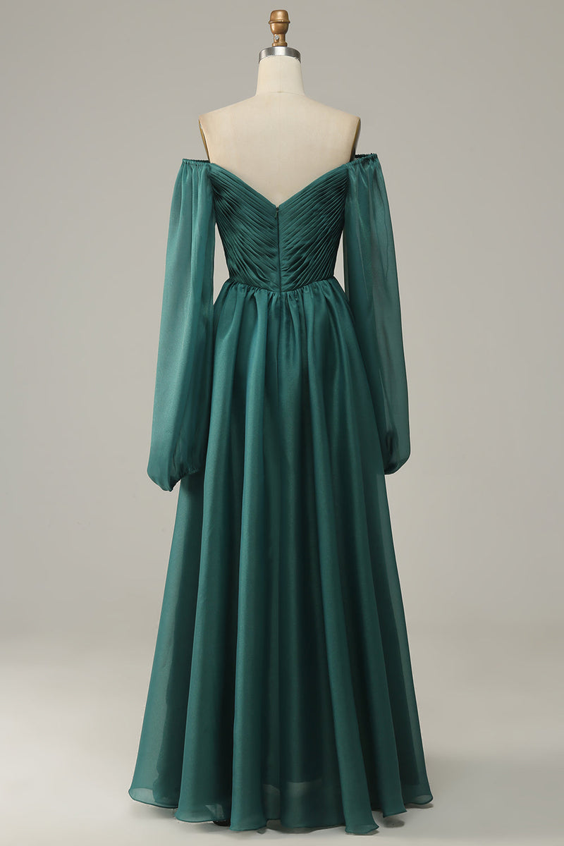 Load image into Gallery viewer, Navy Off Shoulder Long Sleeves Prom Dress with Ruffles